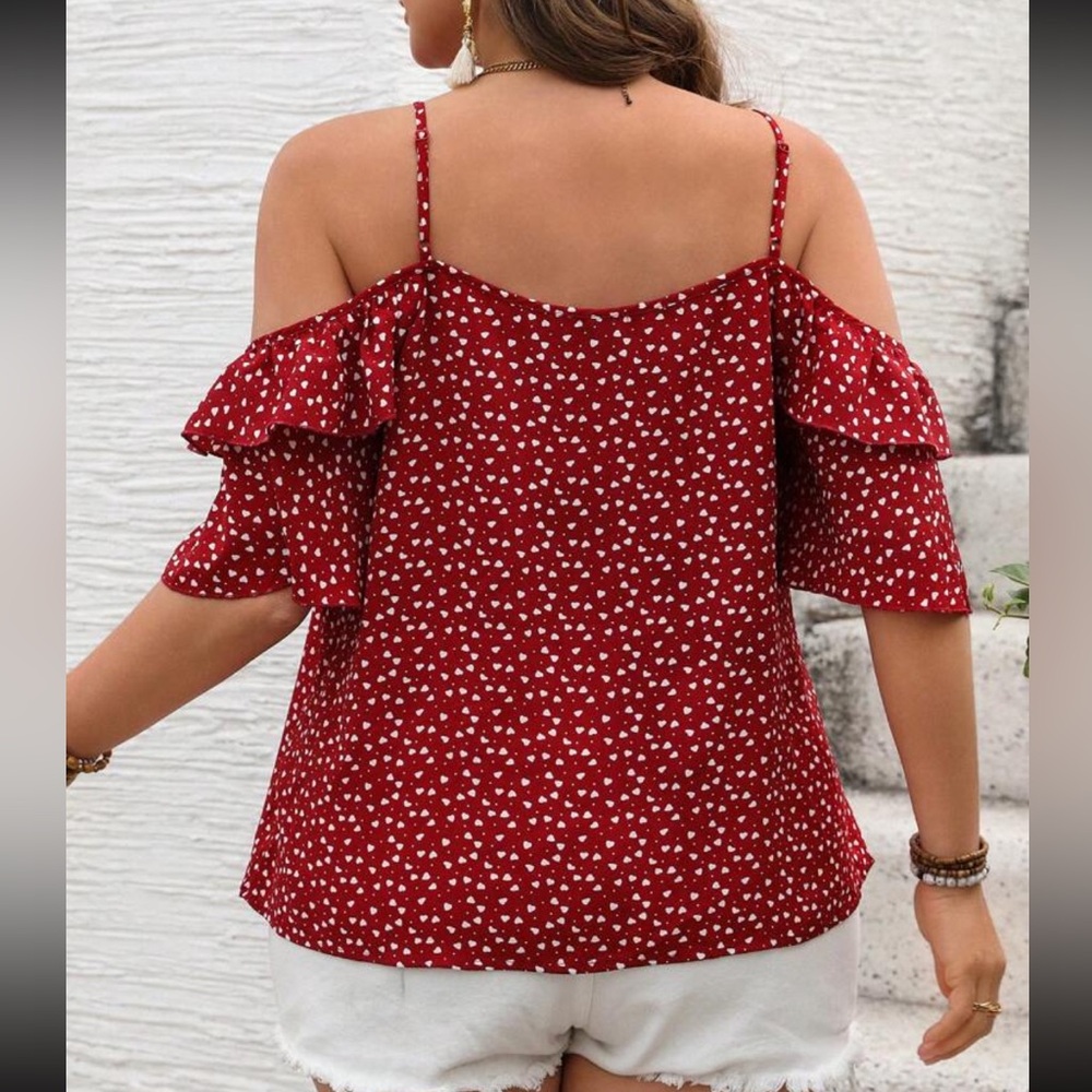 Plus Size Heart Print Ruffle Red Off Shoulder Top Blouse Shirt - Picture 2 of 3
